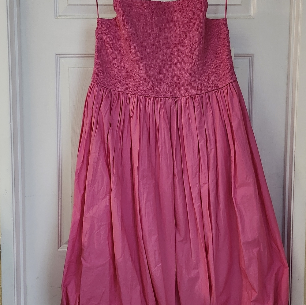 Women's Hot Pink Smocked Bubble Bottom Midi Dress.